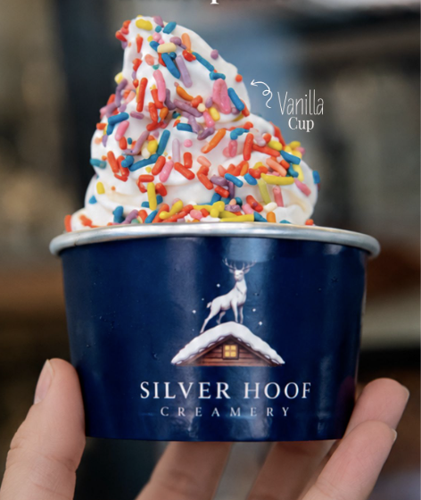 Silver Hoof Creamery logo — white stag standing on a snow-covered cabin
